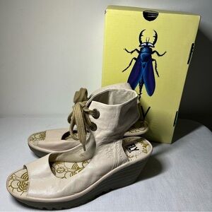 Fly London Cream Wedge Shoes with Metallic Accents. Size 9 or 40.